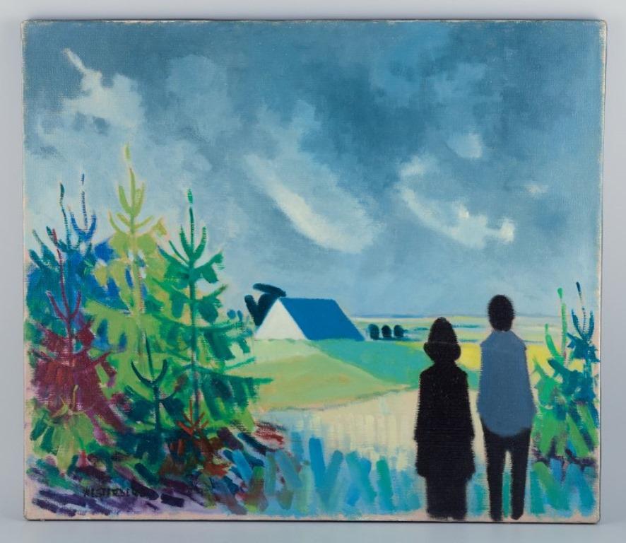 K. Westerberg, also known as Knud Horup, listed Danish artist.
Oil on canvas. 
Modernist style. Landscape with figures.
1970s.
Signed.
In perfect condition.
Dimensions: Width 70.0 cm, Height 60.0 cm.