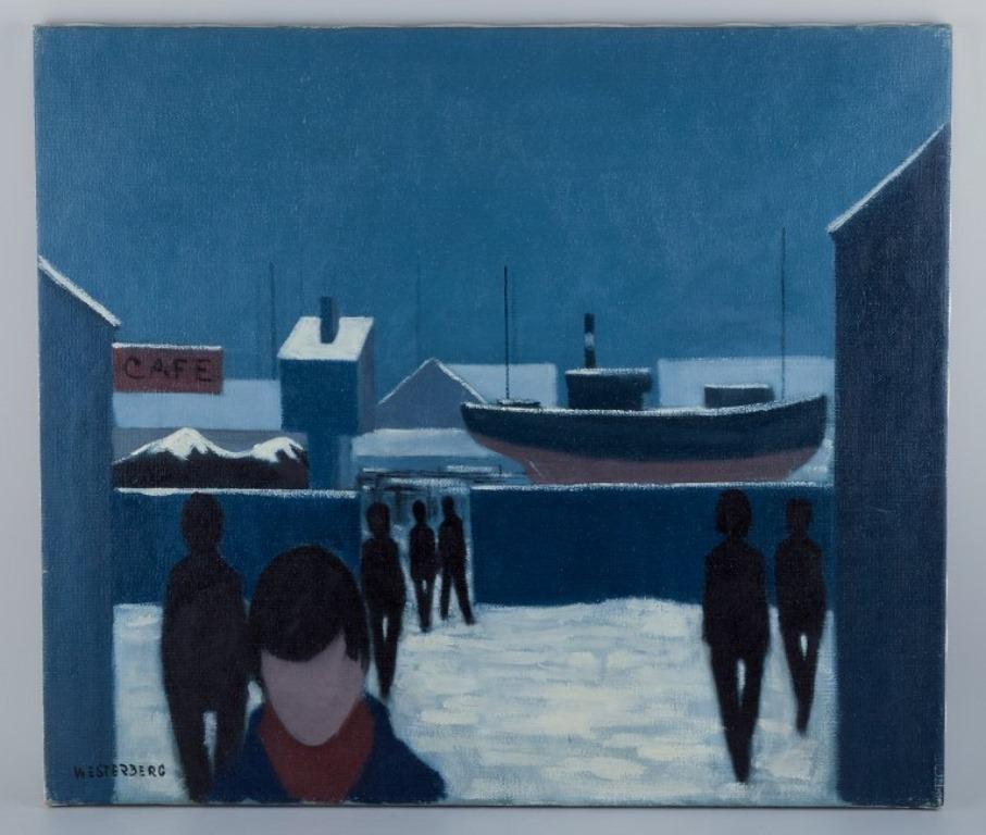 K. Westerberg, also known as Knud Horup, listed Danish artist.
Oil on canvas. 
Harbor scene with people.
1970s.
Signed.
In perfect condition.
Dimensions: W 70.0 cm x H 60.0 cm.