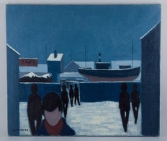 K. Westerberg alias Knud Horup. Oil on canvas. Harbor scene with people. 1970s.