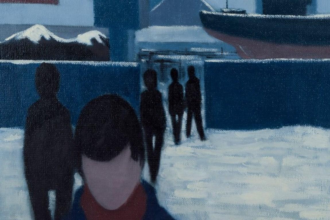 Modern K. Westerberg alias Knud Horup. Oil on canvas. Harbor scene with people. 1970s.  For Sale