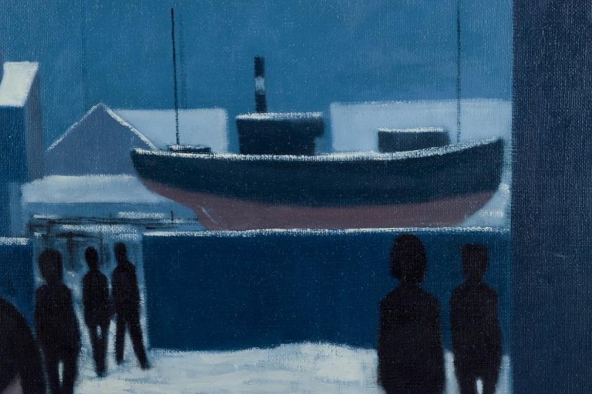 Danish K. Westerberg alias Knud Horup. Oil on canvas. Harbor scene with people. 1970s.  For Sale