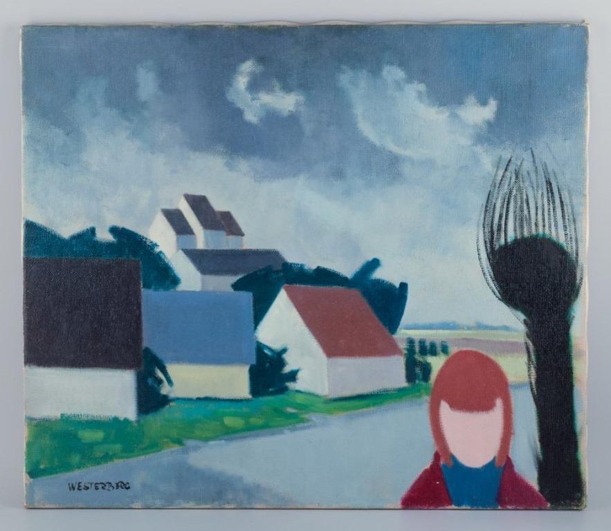 K. Westerberg, also known as Knud Horup, listed Danish artist.
Oil on canvas. 
Modernist style. Landscape with figure.
1970s.
Signed.
In perfect condition.
Dimensions: Width 70.0 cm, Height 60.0 cm.