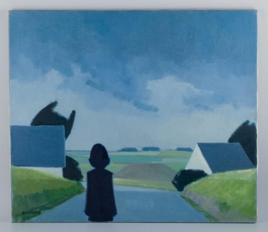 K. Westerberg, also known as Knud Horup, listed Danish artist.
Oil on canvas. 
Landscape with figure on road.
1970s.
Signed.
In perfect condition.
Dimensions: Width 70.0 cm, Height 60.0 cm.