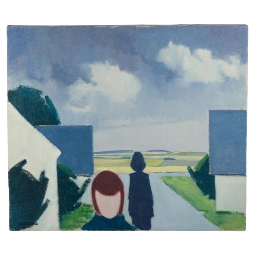 K. Westerberg, also known as Knud Horup, listed Danish artist.
Oil on canvas. 
Modernist style. Landscape with figures.
1970s.
Signed.
In perfect condition.
Dimensions: Width 70.0 cm, Height 60.0 cm.