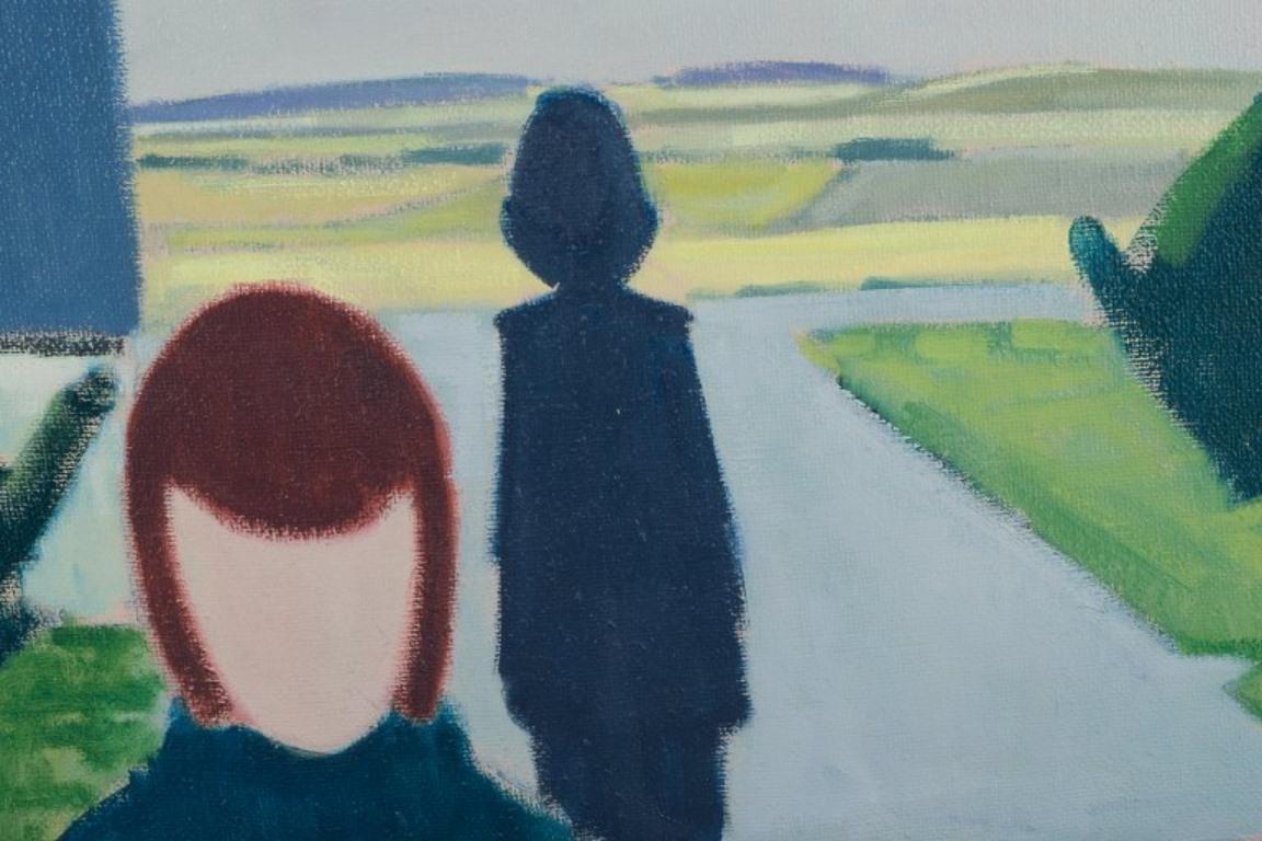 K. Westerberg alias Knud Horup. Öl auf Leinwand. Landschaft mit Figuren. 1970er Jahre. (Dänisch) im Angebot