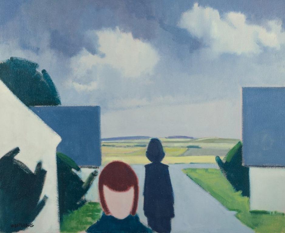 K. Westerberg alias Knud Horup. Oil on canvas. Landscape with figures. 1970s. For Sale