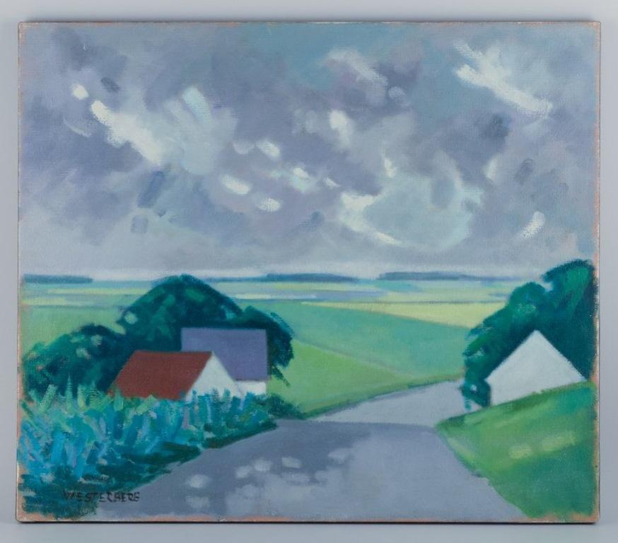 K. Westerberg, also known as Knud Horup, listed Danish artist.
Oil on canvas. 
Landscape with houses and country road.
1970s.
Signed.
In perfect condition.
Dimensions: W 70.0 cm x H 60.0 cm.