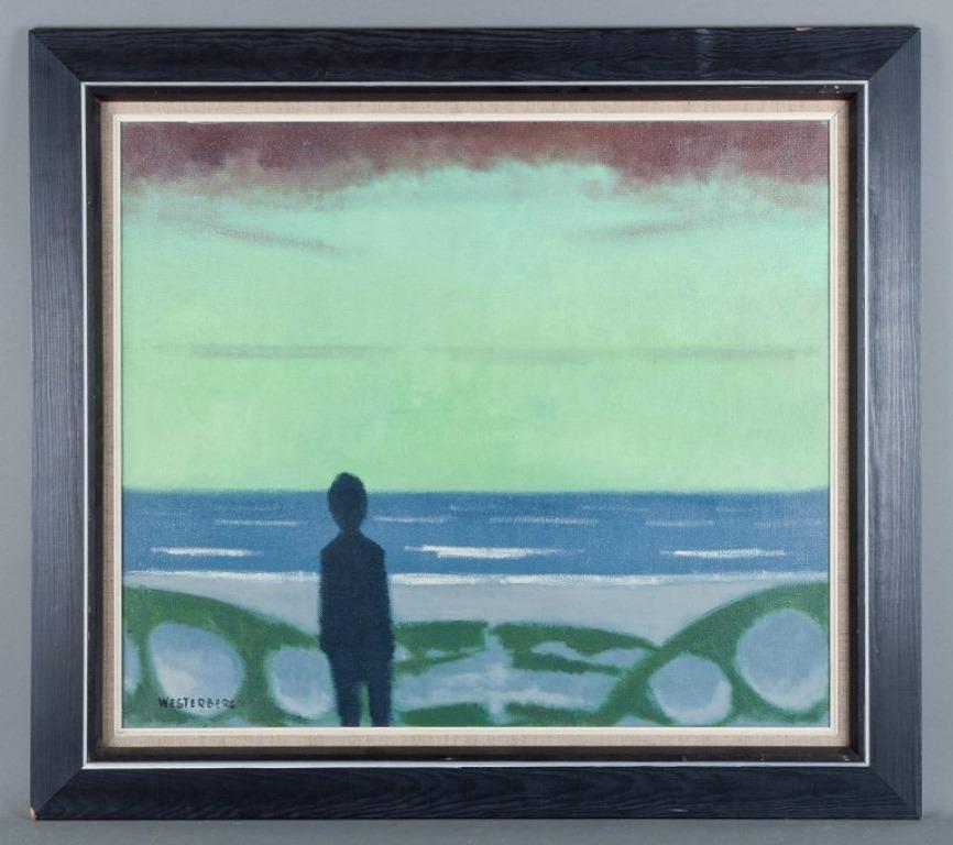 K. Westerberg, also known as Knud Horup, listed Danish artist.
Oil on canvas. 
Sea view with a figure.
From the 1970s.
Signed.
In perfect condition.
Canvas dimensions: H 60.0 cm x W 70.0 cm.
Total dimensions: H 78.0 cm x W 88.0 cm.