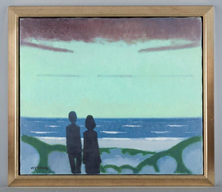 K. Westerberg, also known as Knud Horup, listed Danish artist.
Oil on canvas. 
Sea view with figures.
From the 1970s.
Signed.
In perfect condition.
Canvas dimensions: H 60.0 cm x W 70.0 cm.
Total dimensions: H 70.0 cm x W 80.0 cm.