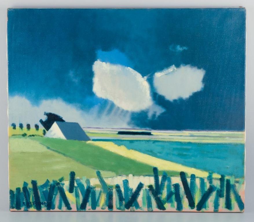 K. Westerberg, also known as Knud Horup, listed Danish artist.
Oil on canvas. 
Modernist style. Summer landscape.
1970s.
Signed.
In perfect condition.
Dimensions: W 70.0 cm x H 60.0 cm.