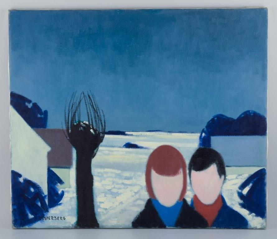 K. Westerberg, également connu sous le nom de Knud Horup, artiste danois classé.
Huile sur toile. 
Style moderniste. Paysage d'hiver avec personnages.
1970s.
Signé.
En parfait état.
Dimensions : Largeur 70,0 cm, Hauteur 60,0 cm : Largeur 70,0 cm,