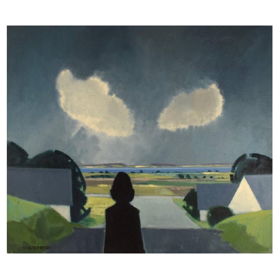 K. Westerberg, Danish Artist, Oil on Canvas, Modernist Landscape with Figure