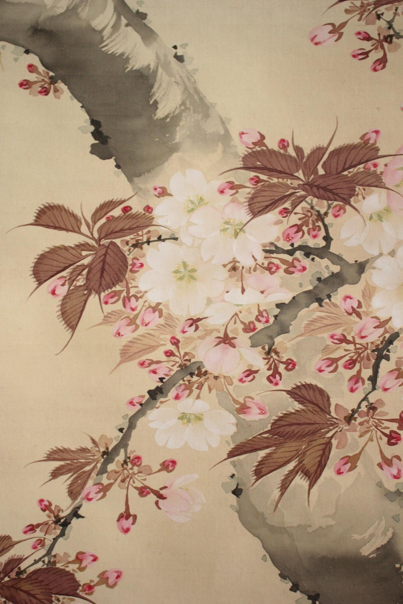 K10 Japanese Antiques Hanging scroll, Cherry blossom painting, silk For Sale 4