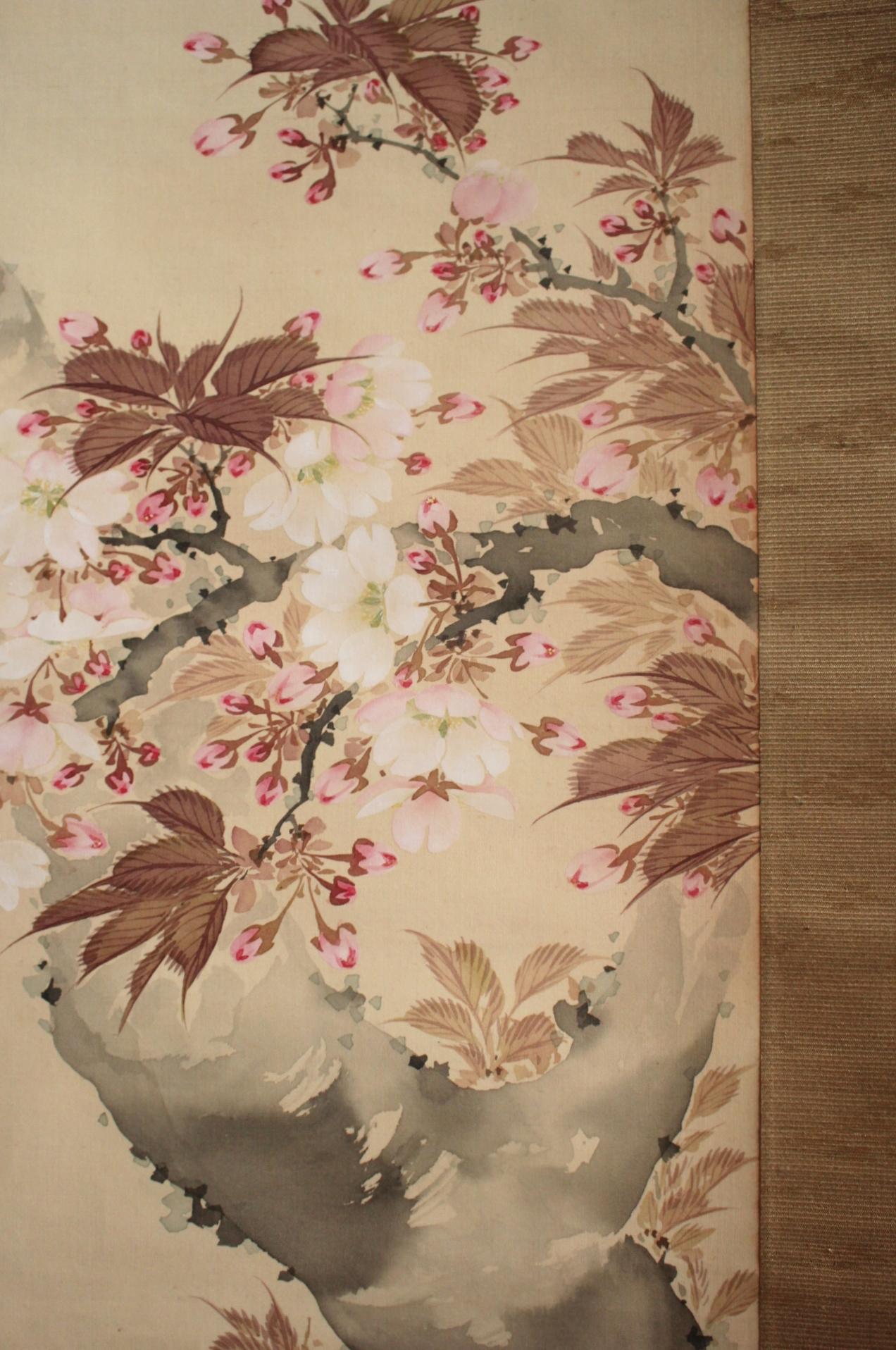 K10 Japanese Antiques Hanging scroll, Cherry blossom painting, silk For Sale 6