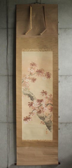 K10 Japanese Antiques Hanging scroll, Cherry blossom painting, silk