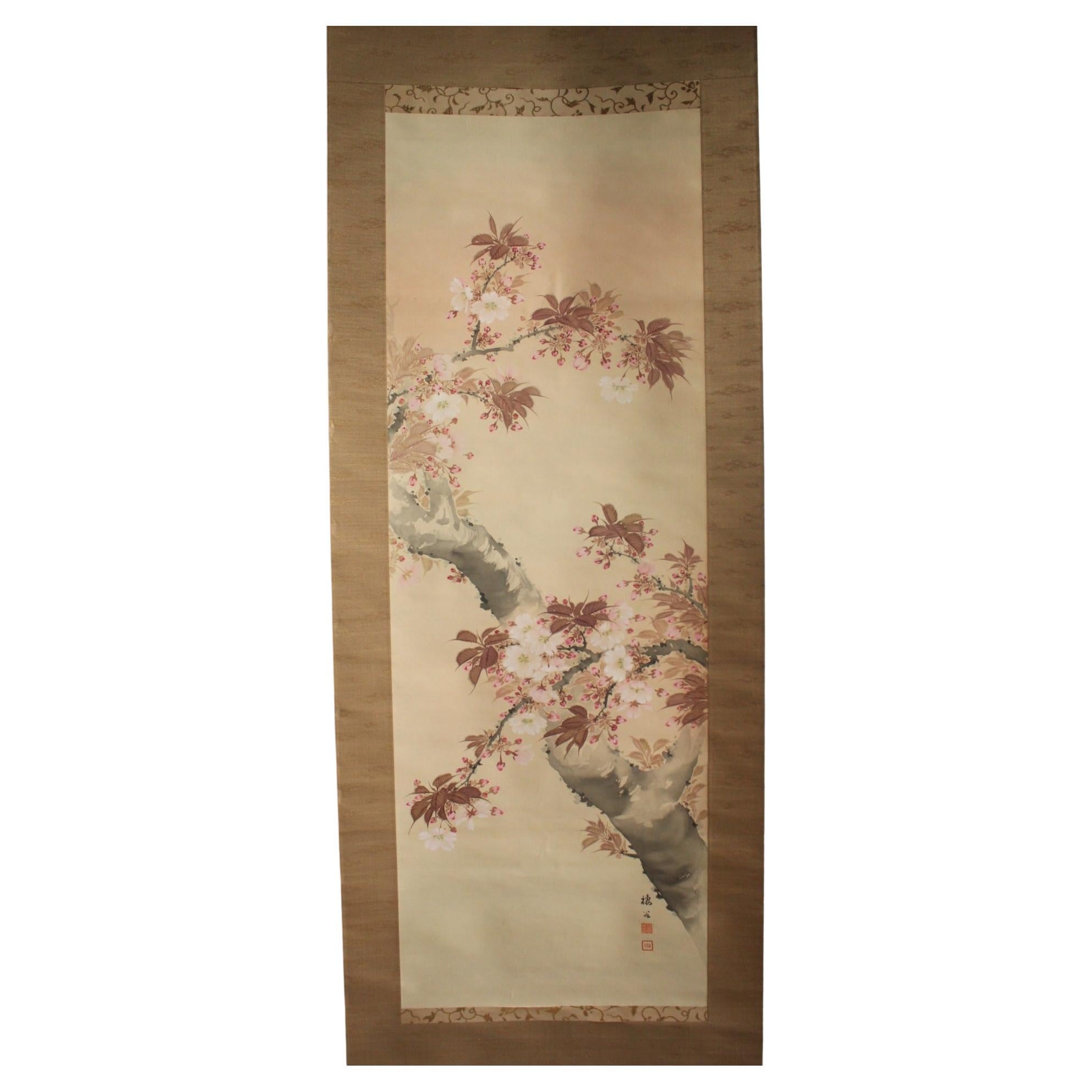 K10 Japanese Antiques Hanging scroll, Cherry blossom painting, silk For Sale