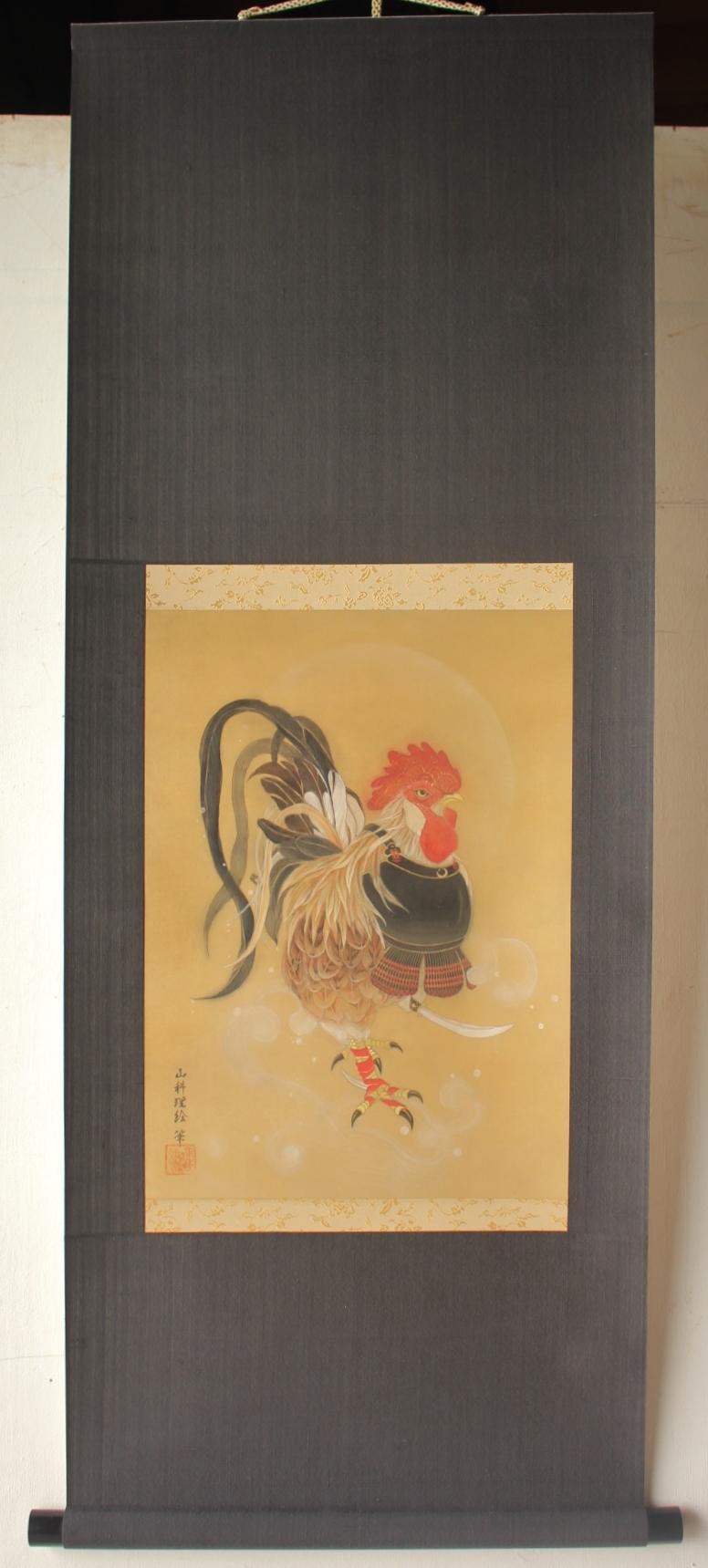 Hand-Painted K13 Japanese Art A hanging scroll, Samurai chicken by Rie Yamashina For Sale