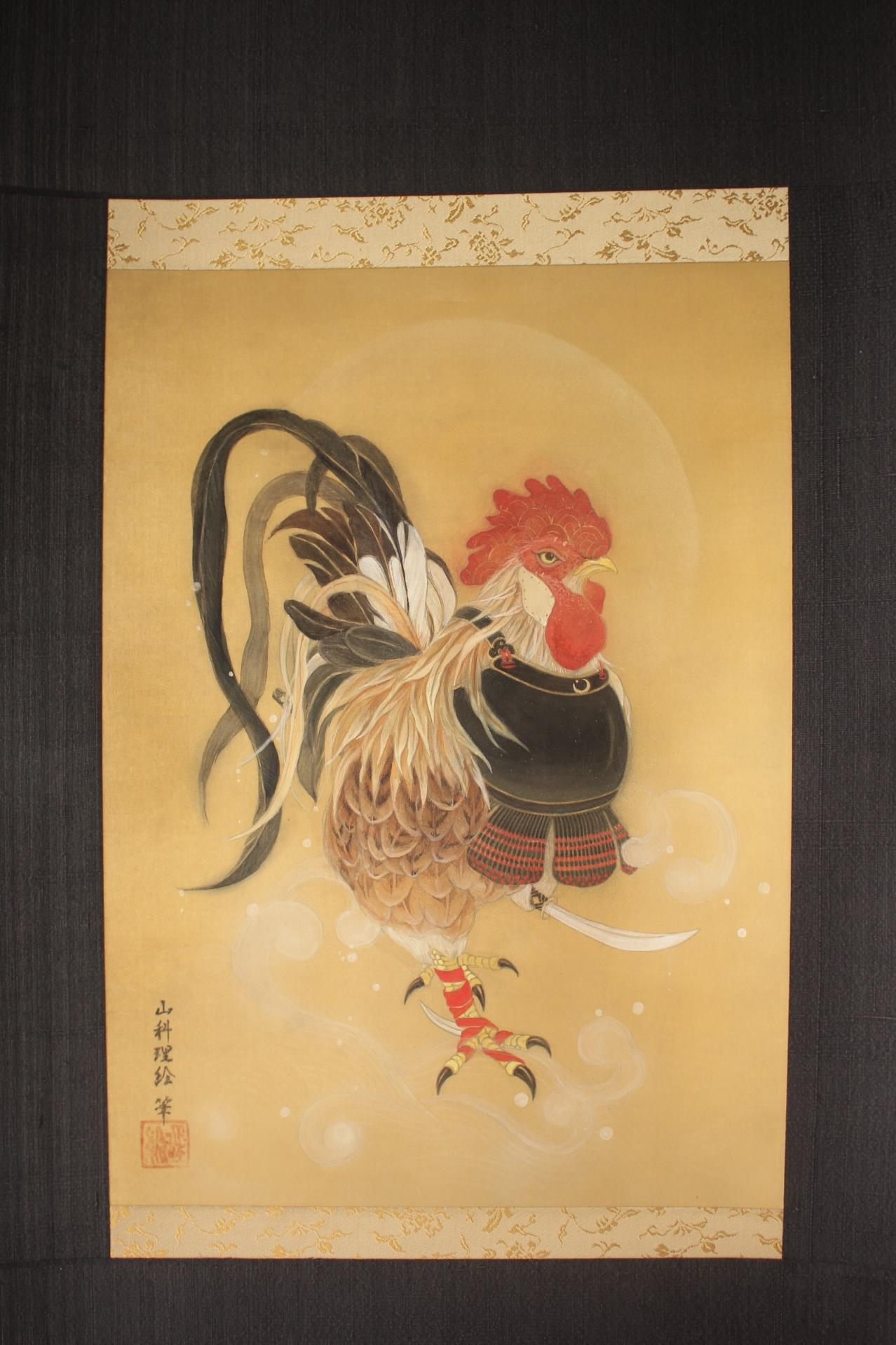 K13 Japanese Art A hanging scroll, Samurai chicken by Rie Yamashina In Good Condition For Sale In Niiza, JP