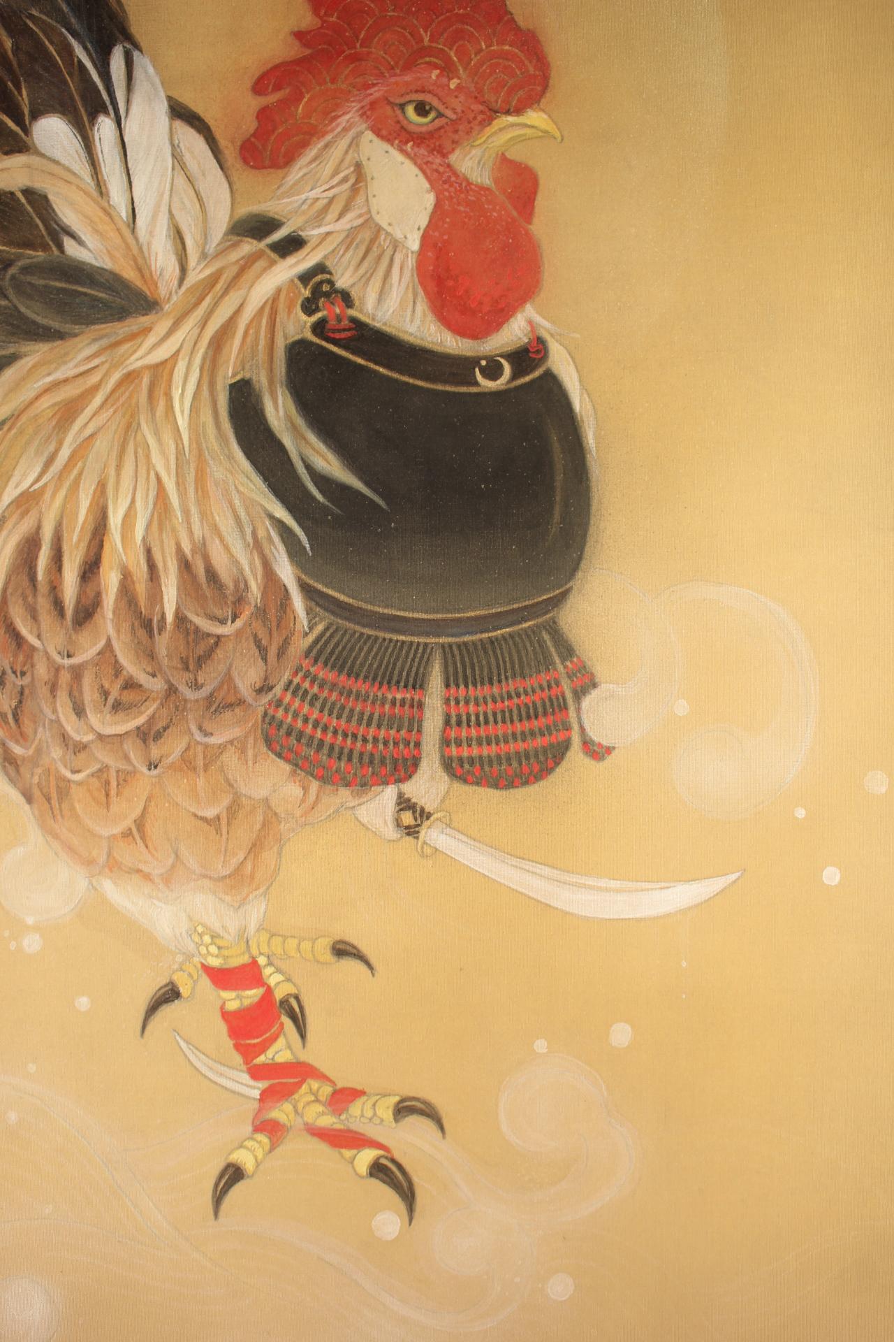 K13 Japanese Art A hanging scroll, Samurai chicken by Rie Yamashina For Sale 2