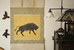 K16 Japanese Antiques A silk hanging scroll of Cow painted with box