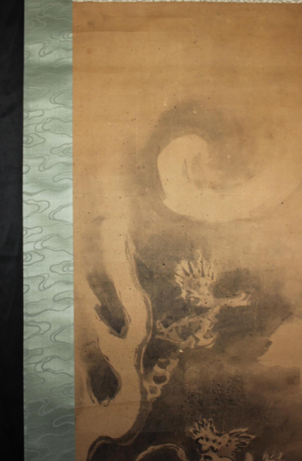 19th Century K19 Japanese Antiques A hanging scroll, Dragon & Clouds Ink on Paper painted For Sale