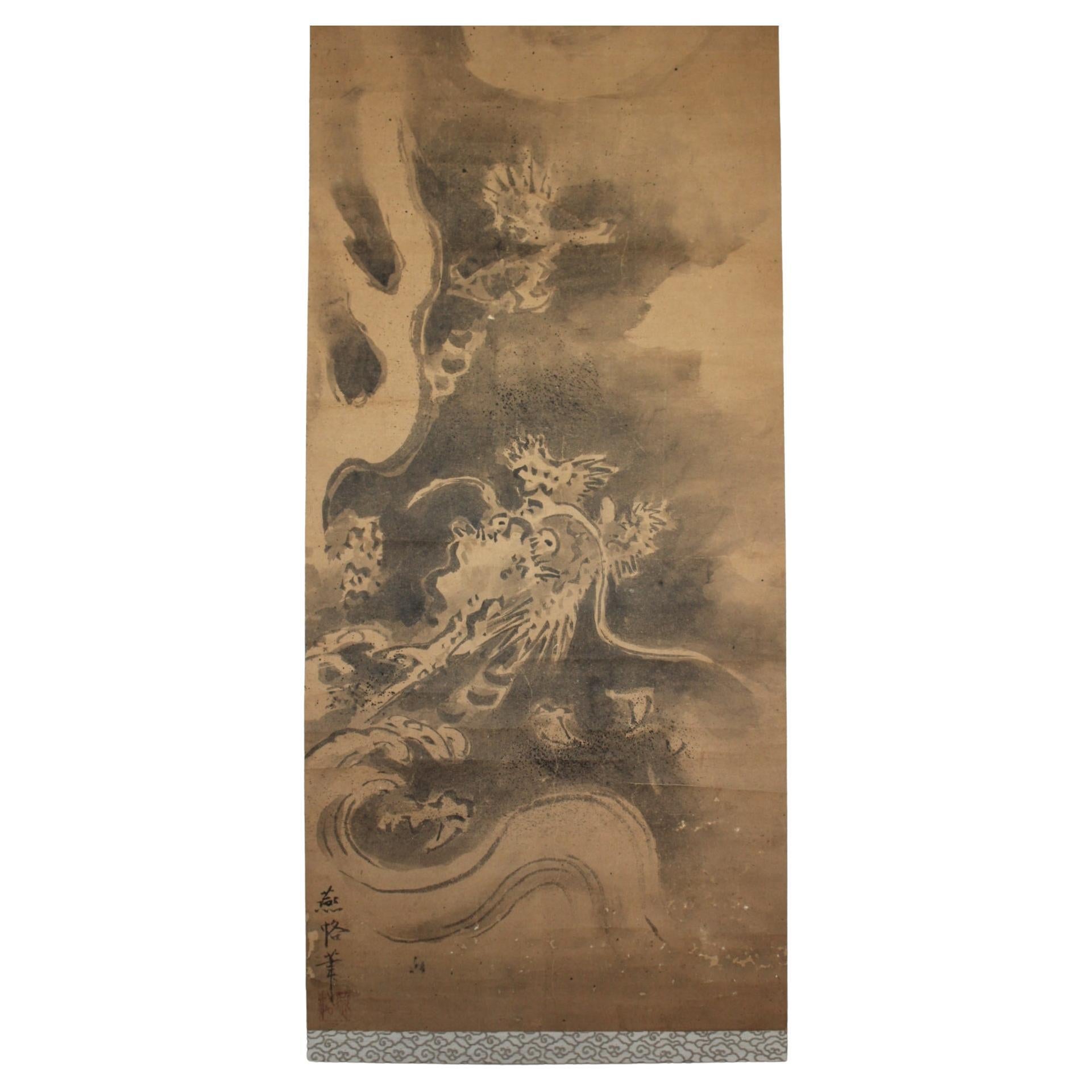 K19 Japanese Antiques A hanging scroll, Dragon & Clouds Ink on Paper painted For Sale