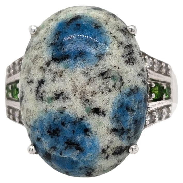 K2 Azurite, Chrome Diopside, and Diamond Ring in 14kt White Gold For Sale