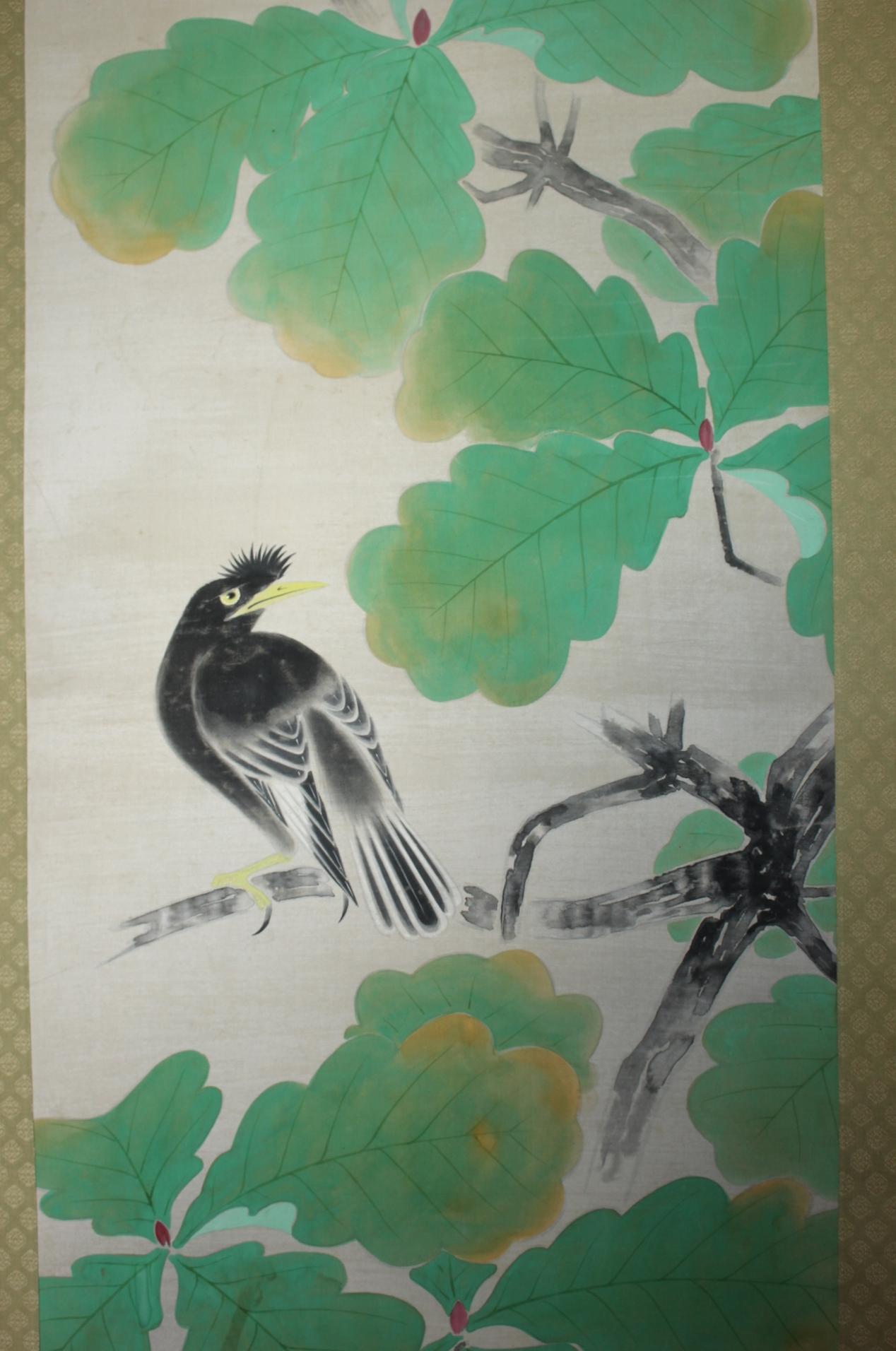 Hand-Painted K20 Japanese Antiques A hanging scroll,  Fringed Bird color on Paper painted For Sale