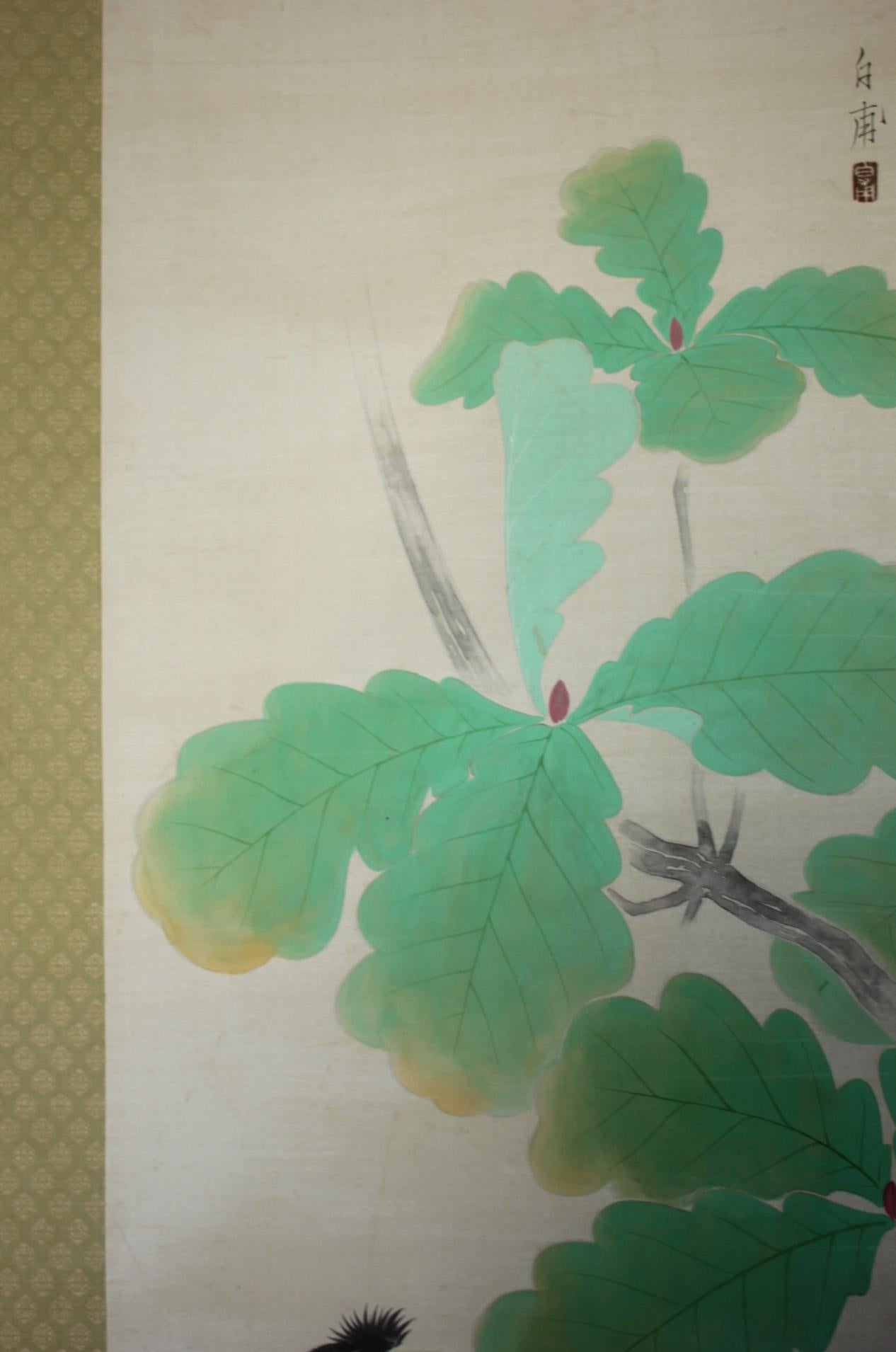 K20 Japanese Antiques A hanging scroll,  Fringed Bird color on Paper painted In Fair Condition For Sale In Niiza, JP