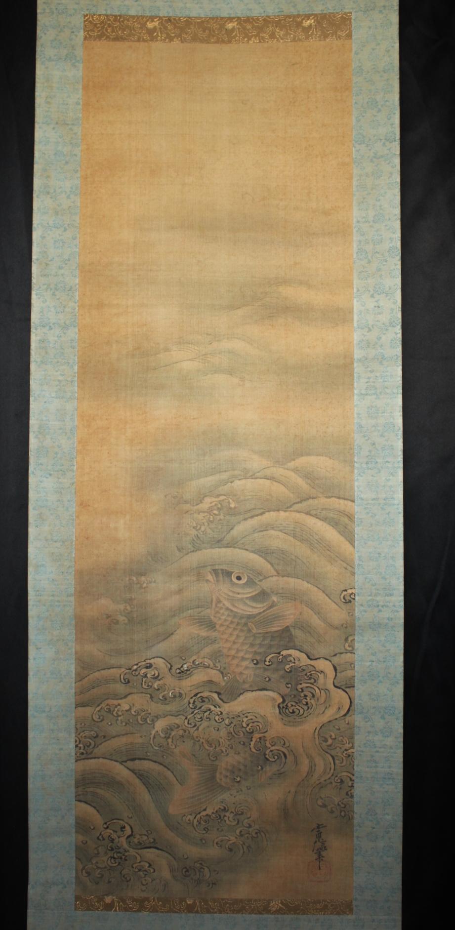 K22 Japanese Antiques hanging scrolls, Carp in the Waves Ink on Silk painted For Sale 8