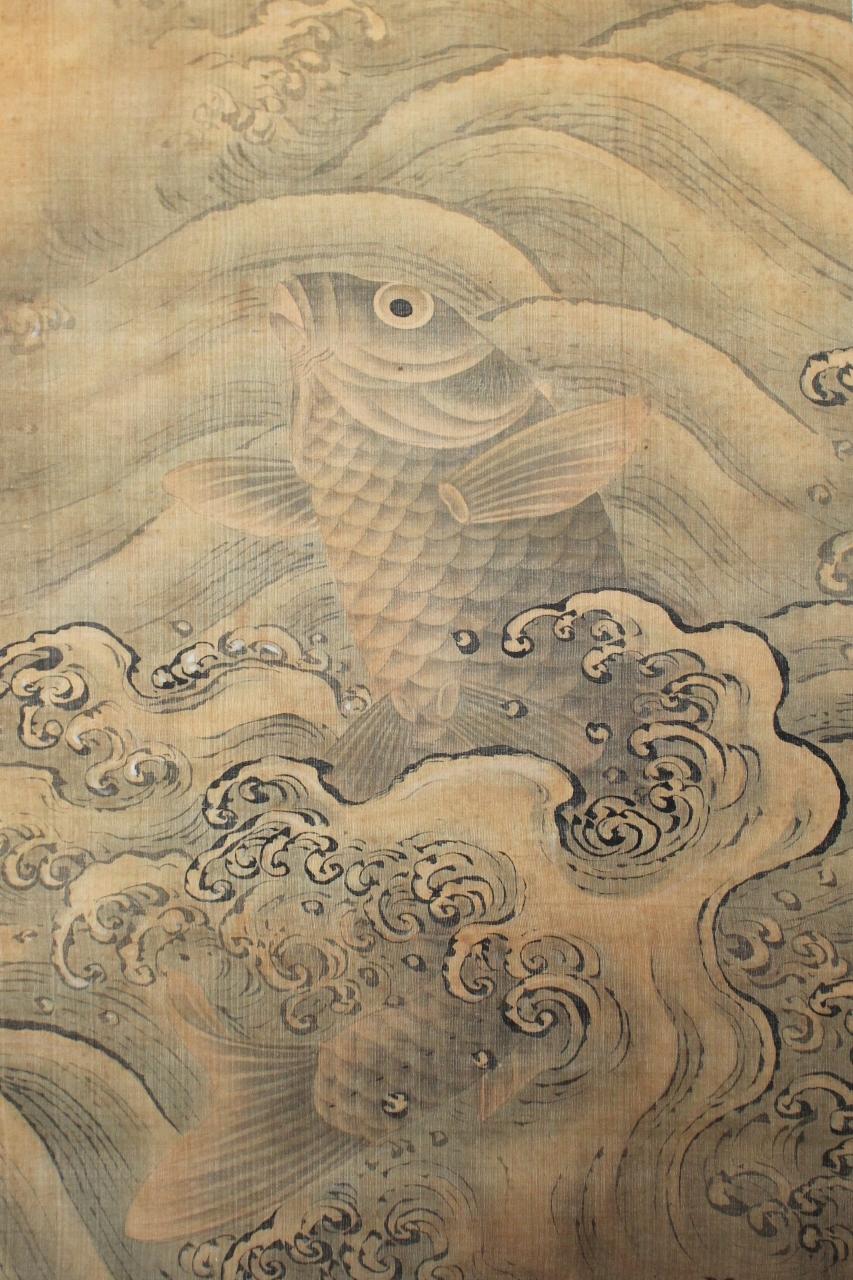 K22 Japanese Antiques hanging scrolls, Carp in the Waves Ink on Silk painted For Sale 10