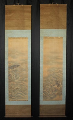 K22 Japanese Antiques hanging scrolls, Carp in the Waves Ink on Silk painted