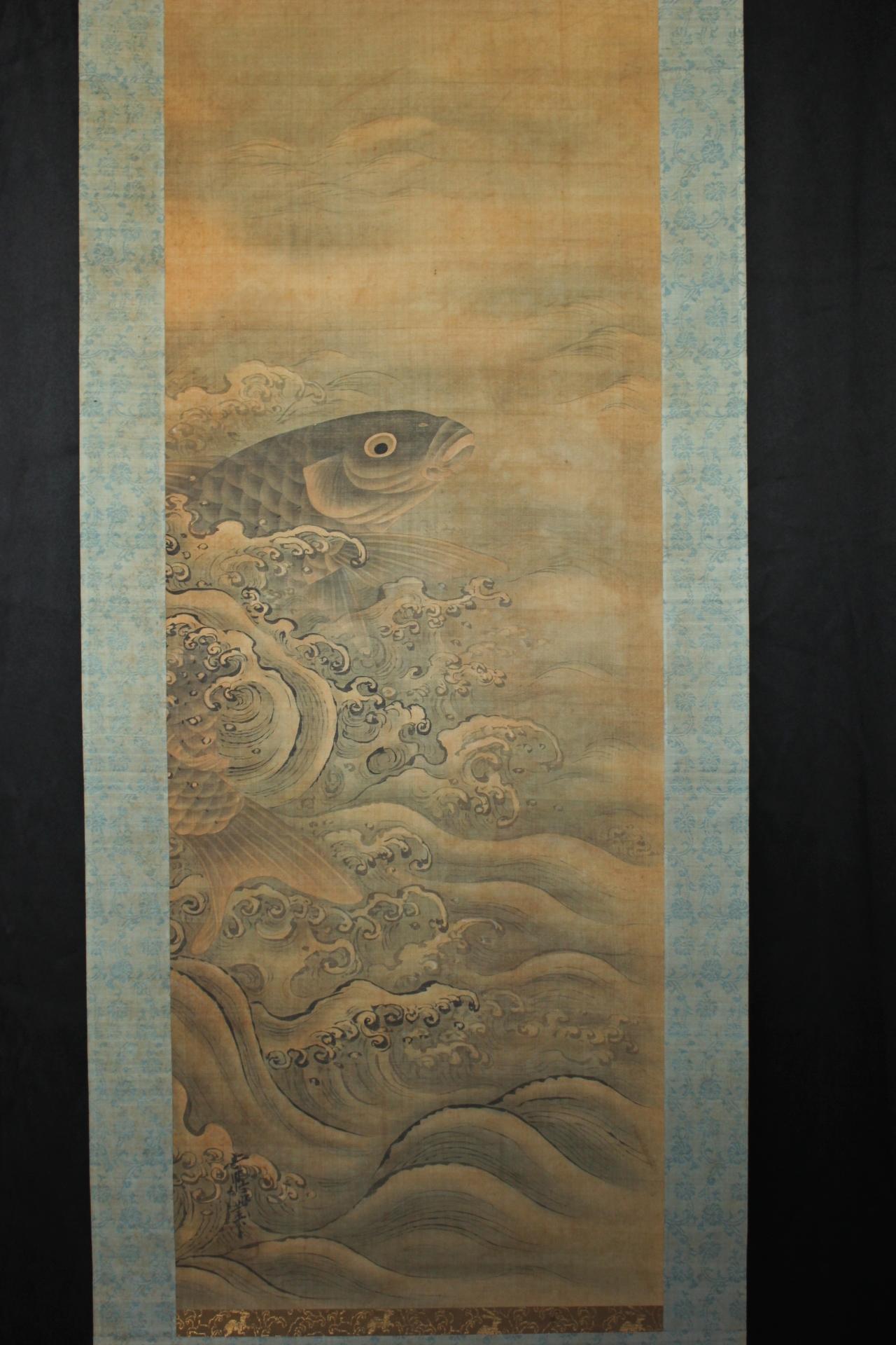 19th Century K22 Japanese Antiques hanging scrolls, Carp in the Waves Ink on Silk painted For Sale