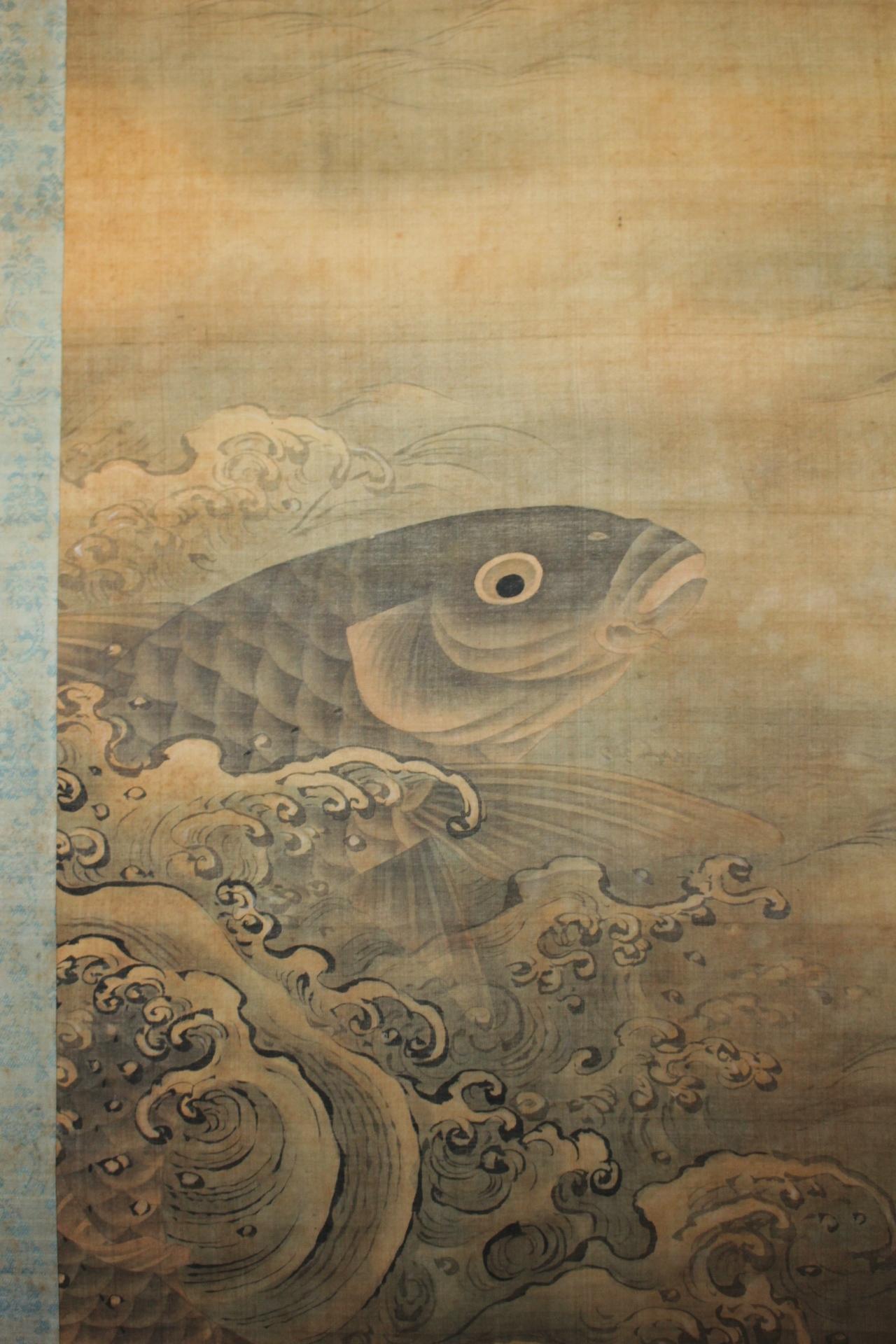 Fabric K22 Japanese Antiques hanging scrolls, Carp in the Waves Ink on Silk painted For Sale