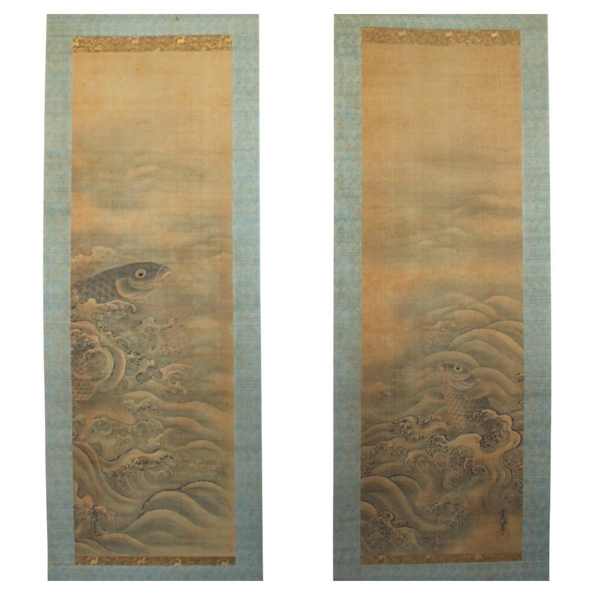 K22 Japanese Antiques hanging scrolls, Carp in the Waves Ink on Silk painted