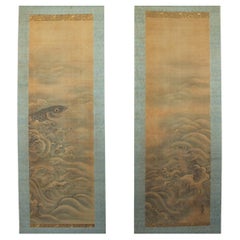 K22 Japanese Antiques hanging scrolls, Carp in the Waves Ink on Silk painted
