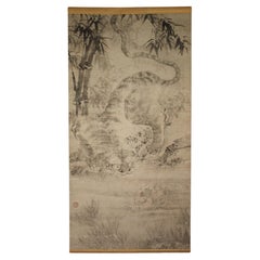 K25 Japanese Antiques A large hanging scroll, Tiger Ink on paper painted