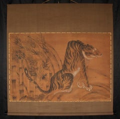 K26 Japanese Antiques A large hanging scroll, Bamboo Tiger Ink on Silk painted