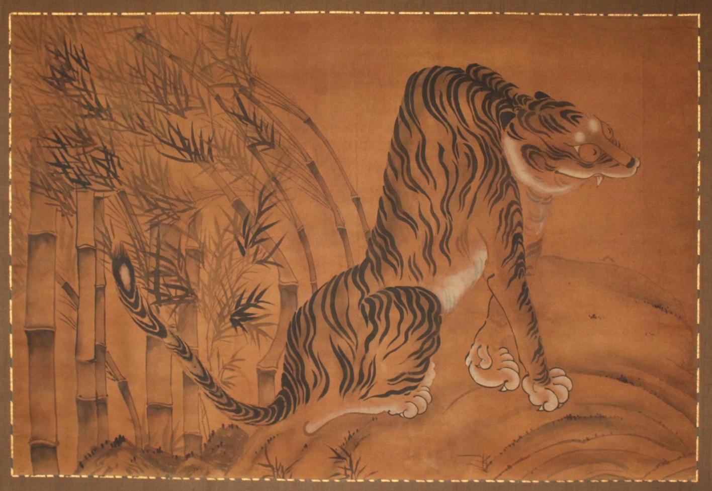 K26 Antigüedades japonesas Un gran pergamino colgante, Tinta de tigre de bambú sobre seda pintada Japonés en venta