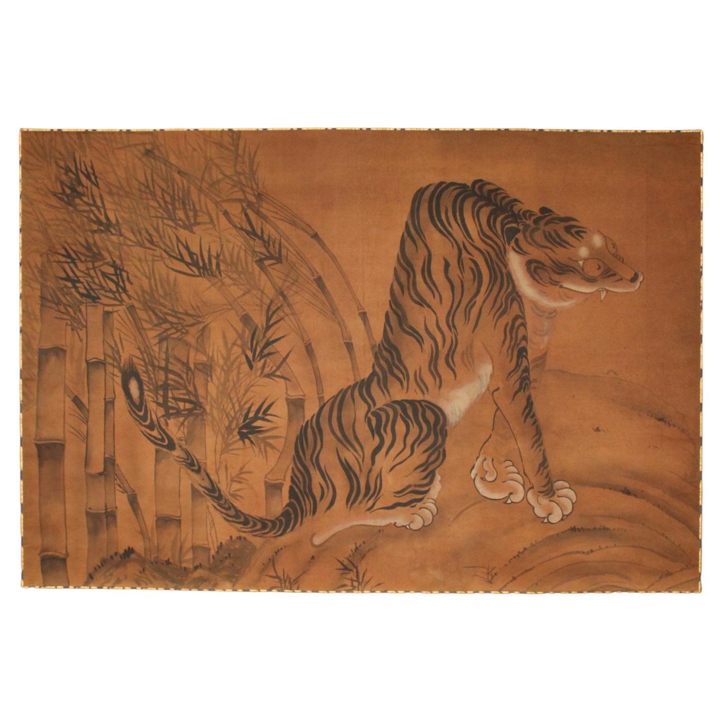 K26 Antichità giapponesi Un grande rotolo da appendere, Bamboo Tiger Ink su seta dipinta