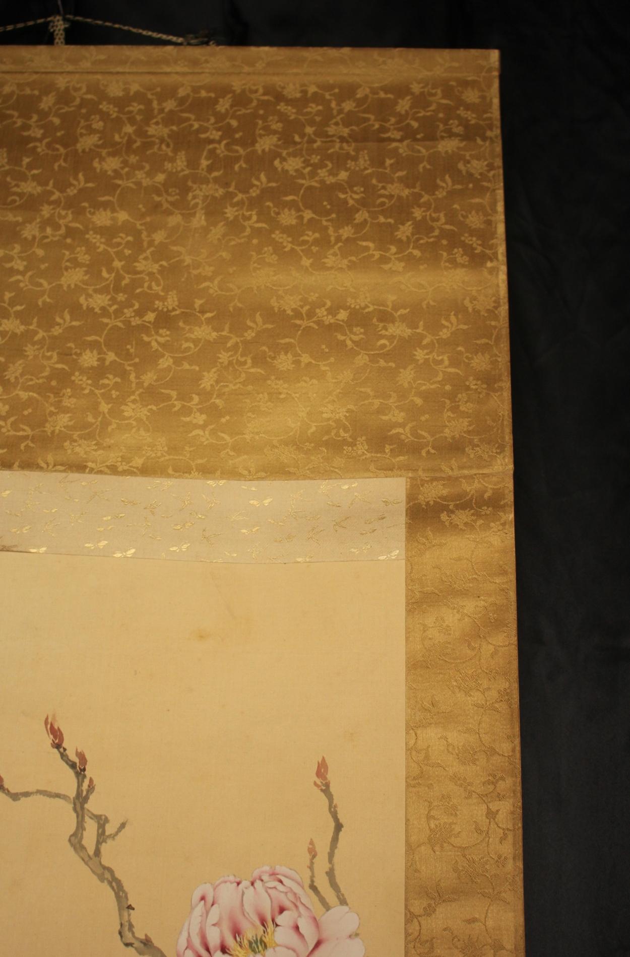 K29 Antigüedades japonesas Un pergamino colgante, Pavo real sobre seda Pintado a mano en venta