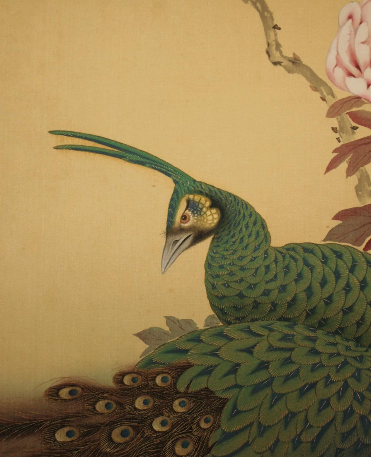 K29 Antigüedades japonesas Un pergamino colgante, Pavo real sobre seda en venta 1