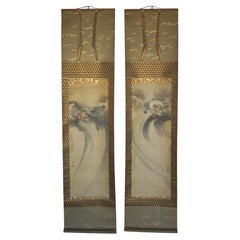 K30 Japanese Antiques two painting hanging scrolls, wind god thunder god on silk K30 Japanese Antiques two painting hanging scrolls, wind god thunder god on silk