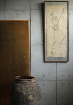 K31 Old Japanese Painting Art, Skeleton Playing the Shamisen, Framed