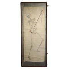 K31 Old Japanese Painting Art, Skeleton Playing the Shamisen, Framed