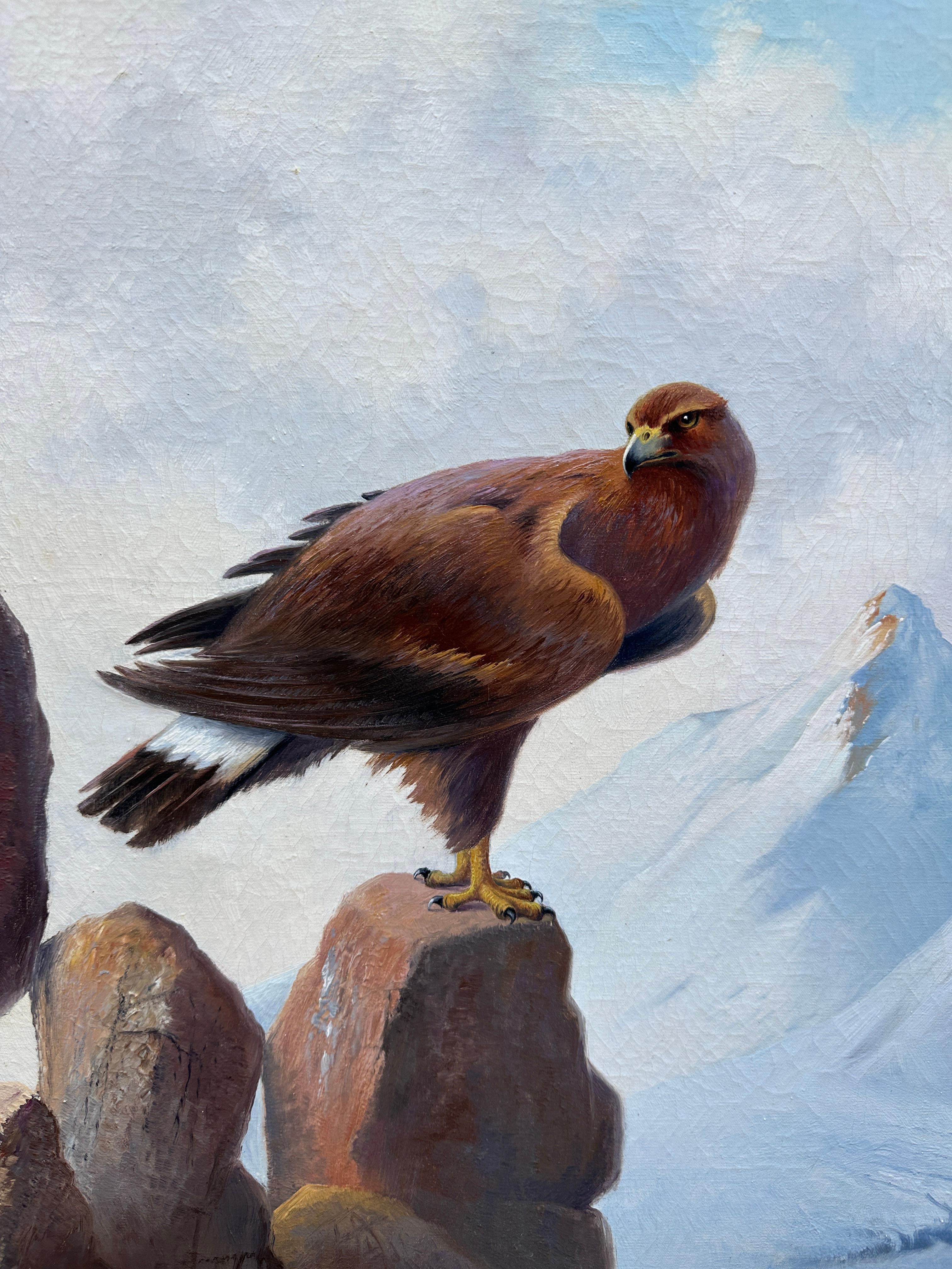 Porträt eines Adlers in einer Berglandschaft, Öl, 19. Jahrhundert – Painting von K.A Bauer