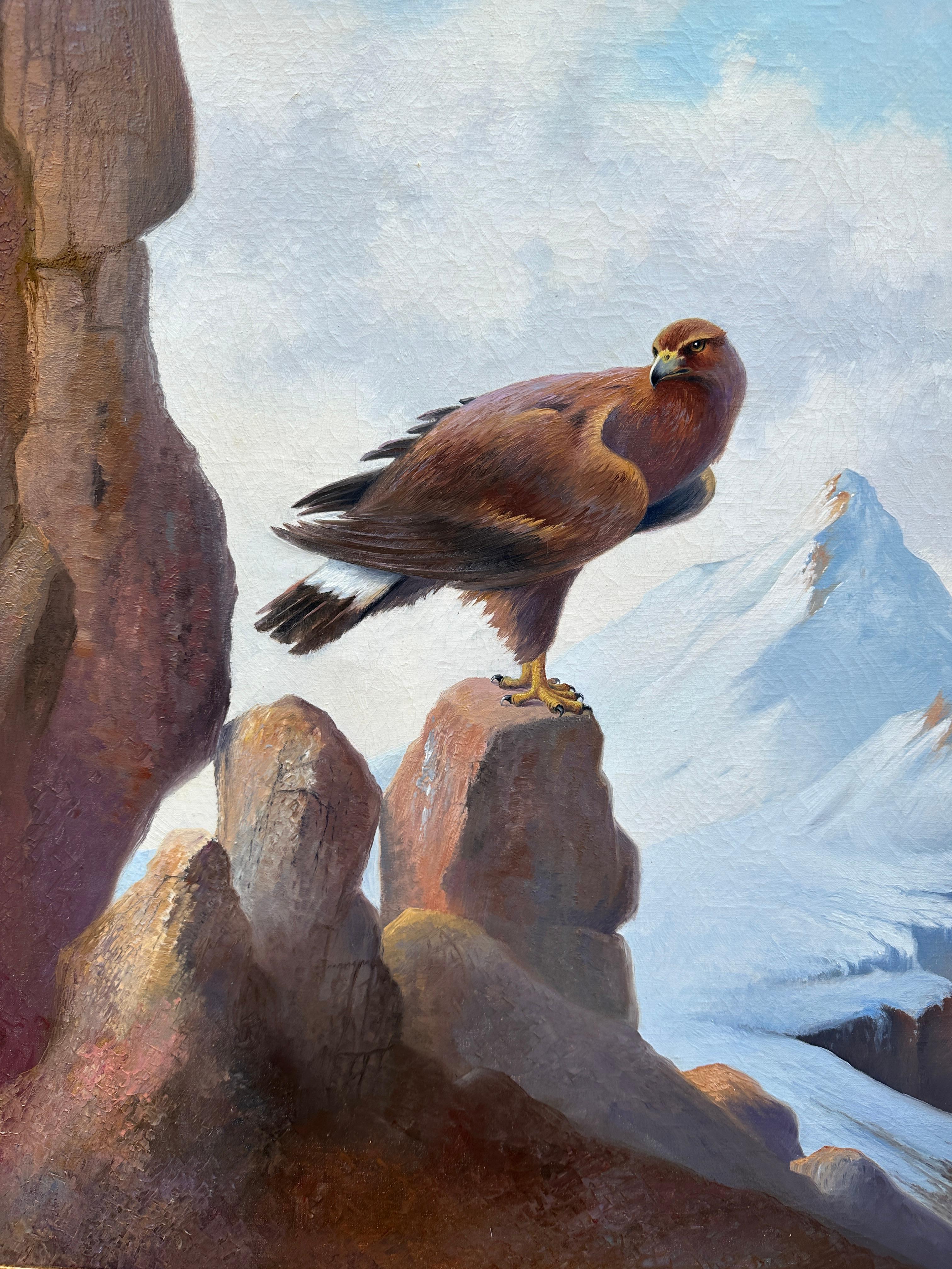 Portrait In a Mountain landscape of a standing Eagle, in the Alps.

Bauer painted animals often running , flying or standing in their natural setting. Always with a great deal of quality his paintings are highly sought after.

A painting by K. A.