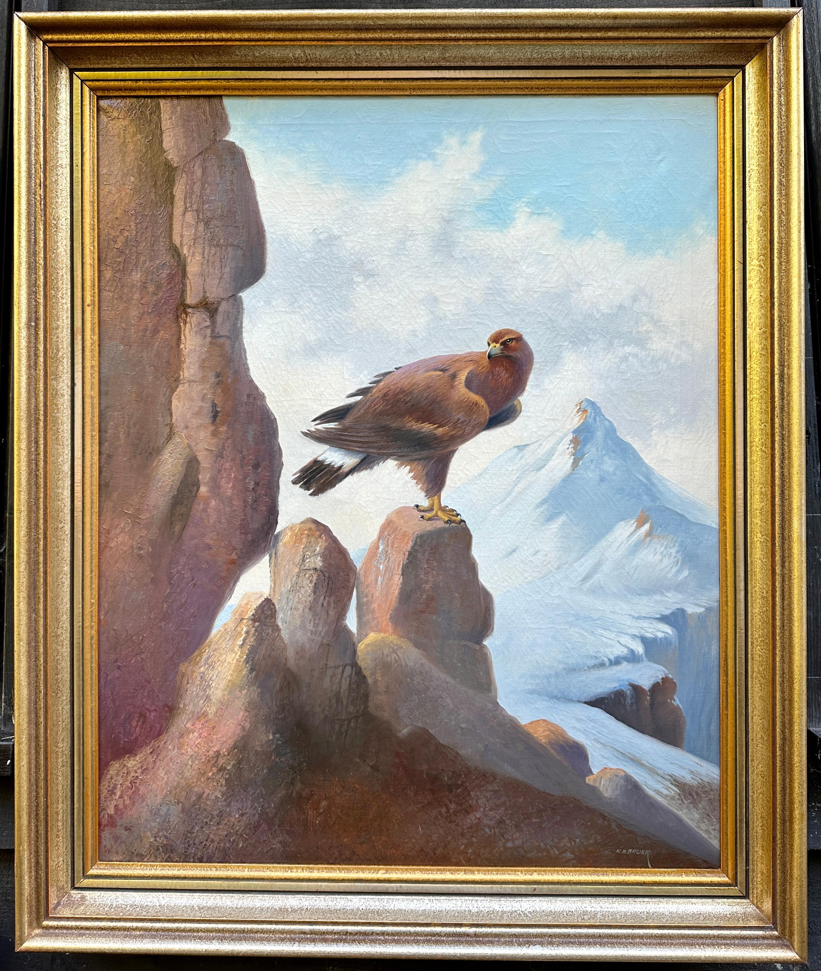 K.A Bauer Figurative Painting – Porträt eines Adlers in einer Berglandschaft, Öl, 19. Jahrhundert