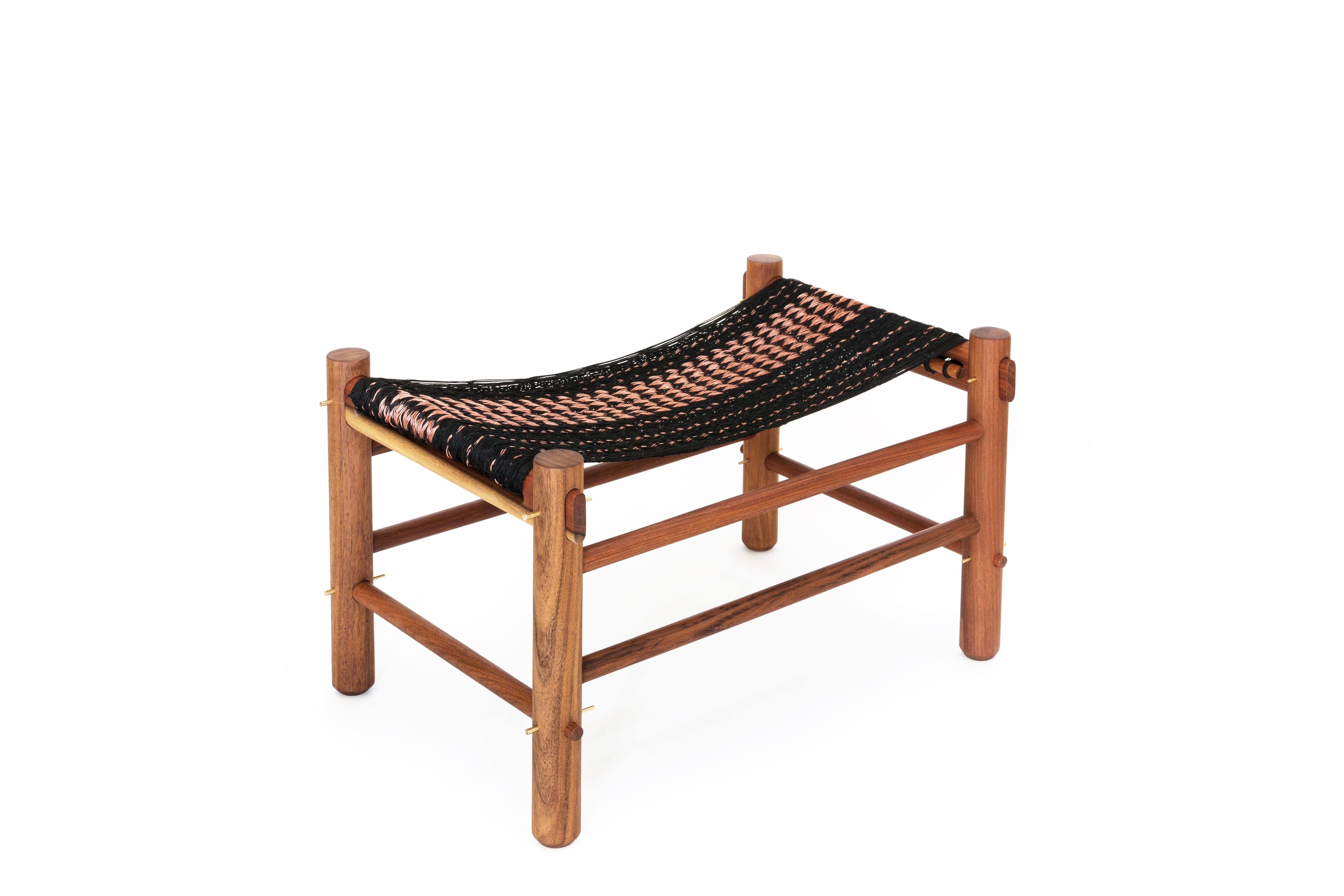 Modern Contemporary Ottoman in Caribbean Walnut with Handmade Hammock Weaving For Sale