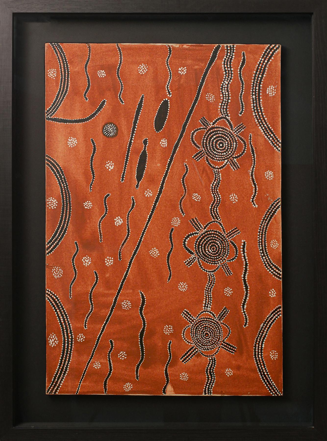Kaapa Mbitjana Tjampitjinpa (n.1926-1989)
Titulado: " El sueño de la serpiente y el arbusto del hombre y la mujer " 
Pigmentos y polímeros
50x76cm - ¡año 1971!
Arte aborigen - Obra maestra

Esta obra es la pintura aborigen sobre lienzo más antigua